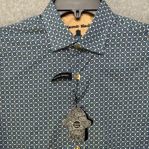 Visconti‎ Black Mens Blue Geometric Natural Stretch Button Down Shirt 5027 Small